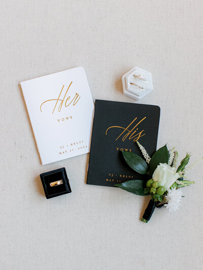 black and white vow cards and wedding rings