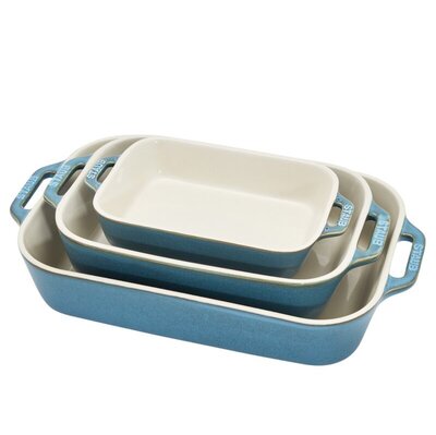Staub blue and white ceramic bakeware set