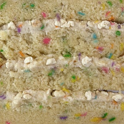 Close up of the cake and filling of our funfetti cake