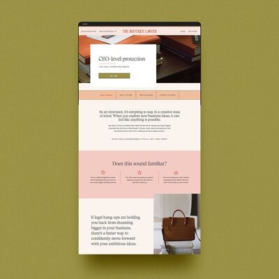 Website design mockup on an olive green background
