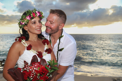Geise and her husband in the vows renewal in Hawaii