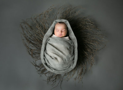 Newborn wrapped in swaddle photo from above