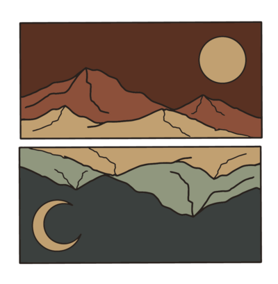 Graphic Image,  reflecting mountains, the top side has a sun, on the bottom a moon over the mountains