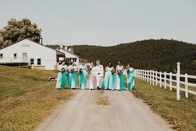 Bridal Party standing together on path on farm, Berkshire Farm Wedding