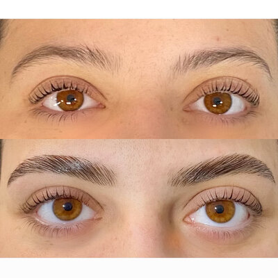 before and after view of lash lift and tint