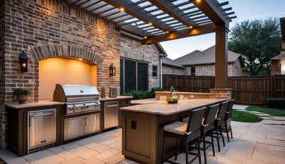 Custom outdoor kitchens in Dallas, TX. Perfect for entertaining, with high-quality grills, countertops, and outdoor seating.