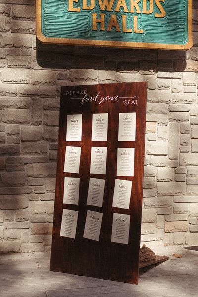 Seating chart on wooden board