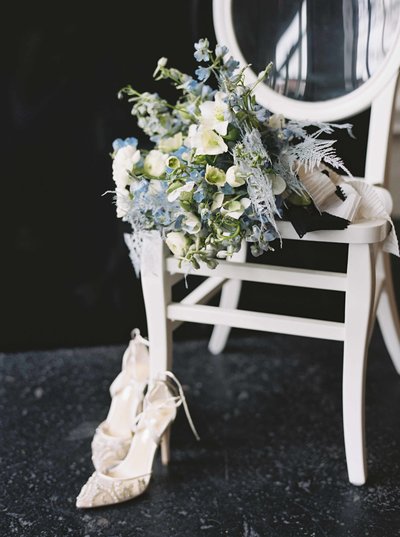 Black and Blue Wedding Bouquet and Bridal Shoes