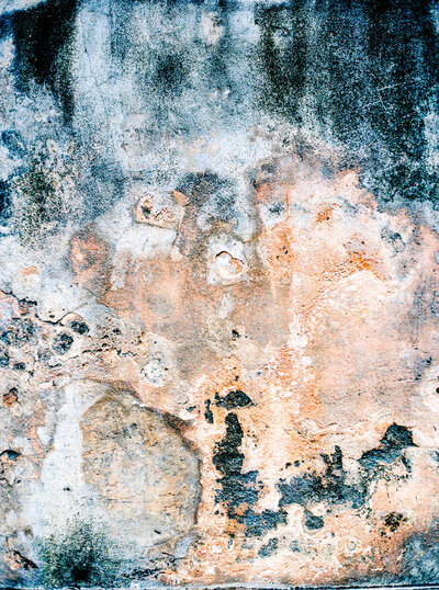 Film photograph of layers of old wall in downtown Charleston, South Carolina  in grey, ivory and peach colors.