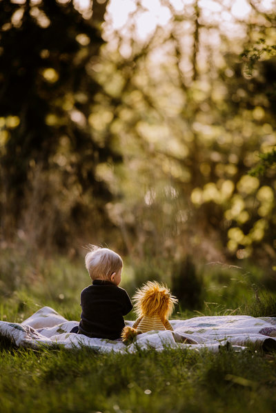 toddler boy sitting with his stuffed lion