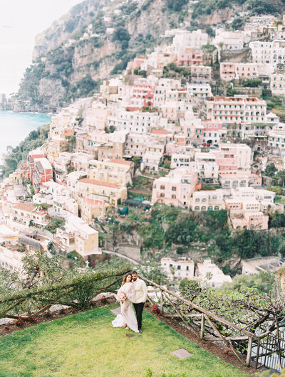 Bride and groom at destination wedding in Positano Amalfi Coast Italy at Villa San Giacomo