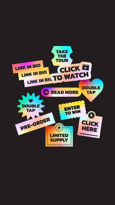 Collection of holographic call to action digital stickers. for purchase