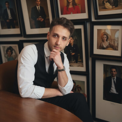 Creative portrait of Wedding Photographer Niko Coric wearing black jacket in photo studio, photographed by wedding photographer Niko Coric - Lumen Clarity Media