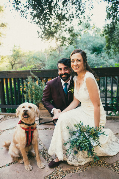 Bride and groom hold bouquet and pose by their dog