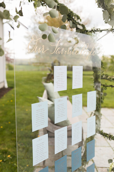 Hanging acrylic seating chart with ombre blue stationery and gold calligraphyl