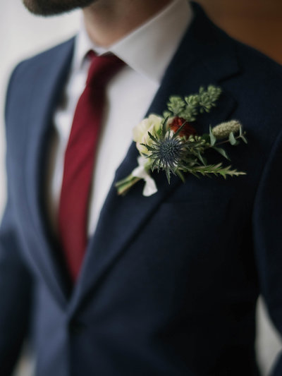 New England Groom in Autumn Suit with Red Tie