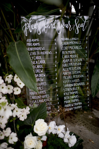 Picture of seating chart against greenery - Unique Melody Events & Design are New England Wedding Planners