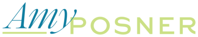 Logo of amy posner with a stylized font in blue and green shades.