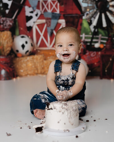 A farm-themed birthday complete with a cake smash and a big smile! Yucaipa cake smash photographer, Kaitlyn Dawn Photography.