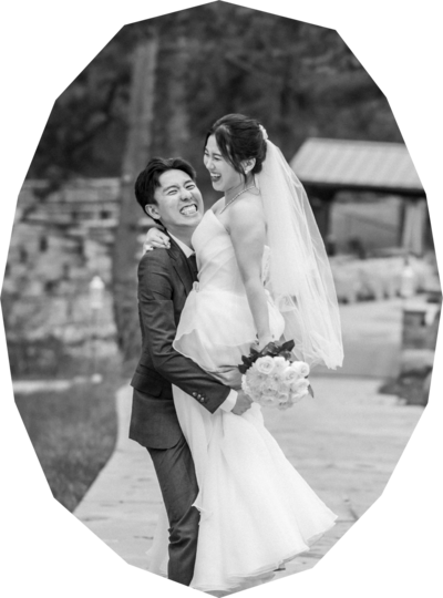 Black and white photo of happy wedding couple - professional photo edit