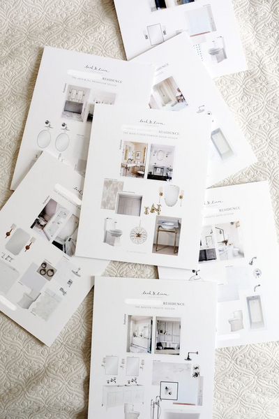 Printed digital moodboards showing interior design inspiration and colour palettes.