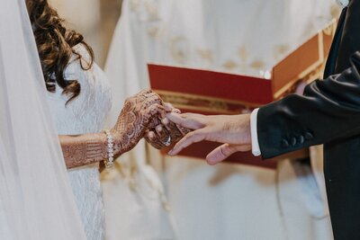 Picture of bride putting ring on the groom