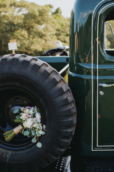 Green Tractor with Bridal Bouquet at Bourne New England