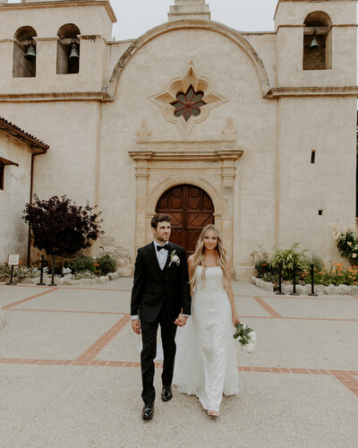 Wedding Couple in Front of Carmel Mission
