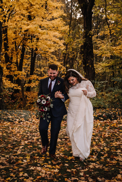 November wedding with fall leaves