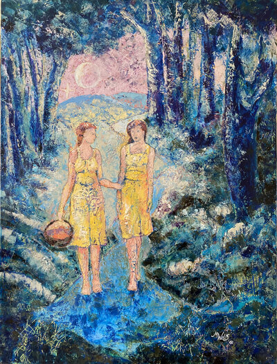 "Two young Women Walking” - oil & cold wax by Marilyn Wells in Blues and Golds.