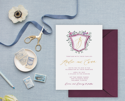 Purple and Gold Wedding Invitations with Simple Crest and Flowers