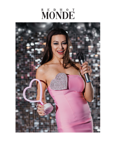 Cassandra in pink dress for Redhot Monde article