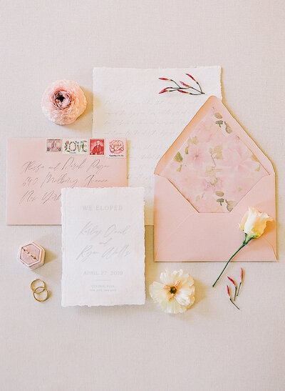 dusty pink wedding invitation for nyc elopement cherry blossom