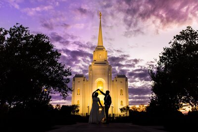 bride and groom sunset silhouette at the brigham city temple