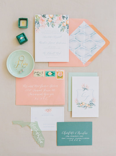 Coral and Teal Seafoam Floral Wedding Invitation Suite