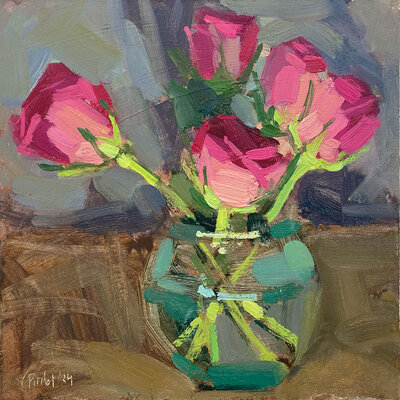 Impressionist painting of pink roses by artist Valérie Pirlot
