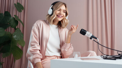 Young business woman wearing headphones and talking into her desk microphone