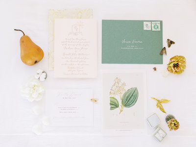 Bridal Flat lay with sage green and yellow ochre accents | Wedding Photography in Pittsburgh  | Anna Laero Photography