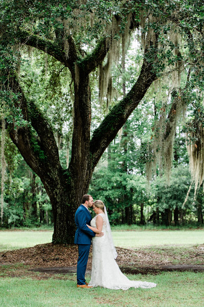 Bride and Groom Under Spanish Moss Trees in Golden Isles Georgia