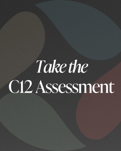 Take the C12 Assessment call-to-action with 'Get Your Snapshot' header over Jenn Cloutier's logo symbol in the background in muted colors.