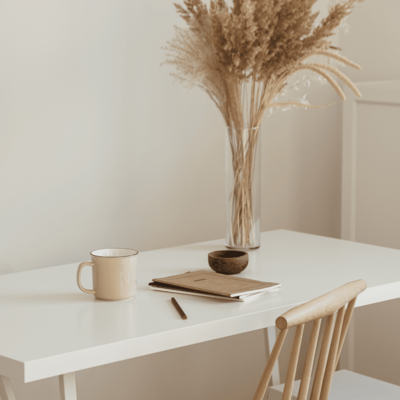 Photo d'un bureau avec 2 carnet, un stylo, une tasse de café et un vase avec des fleurs