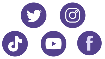 Social Media Icons: Twitter, Instagram, TikTok, YouTube, Facebook