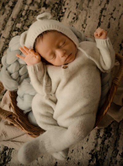 Newborn baby sleeping in a basket wearing a cozy gray outfit with bear ear on the hood