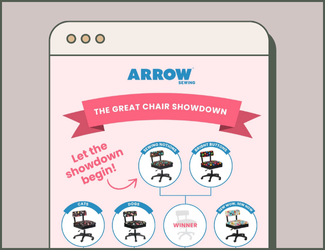 Email design featuring a playful March Madness-style bracket inviting readers to vote between two Arrow Sewing Chair patterns—Sewing Notions vs. Bright Buttons—using a live poll and vibrant, brand-inspired visuals.