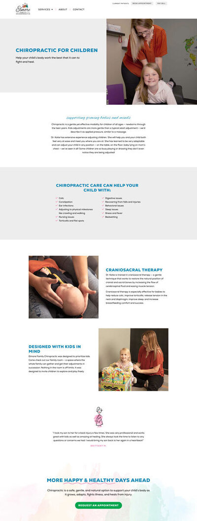Webpage design for pediatric chiropractic service page