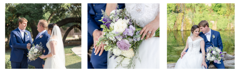 father of the bride shakes groom's hand bride and groom hold hands holding lavender bouquet at waterfront wedding venue Remi's Ridge Hidden Falls in Spring Branch Texas by Firefly Photography