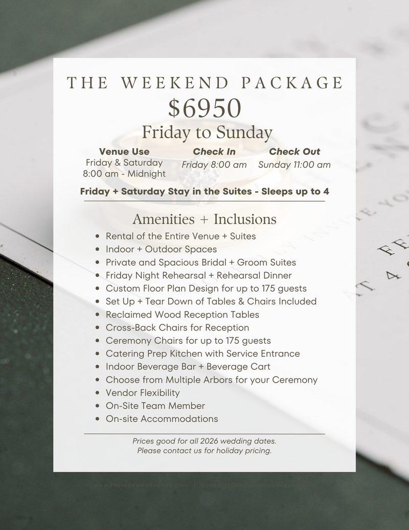 rosewood venue the weekend package wedding prices weddig venues near me mount vernon texas ammenities reception ceremony prices 2026 wedding prices