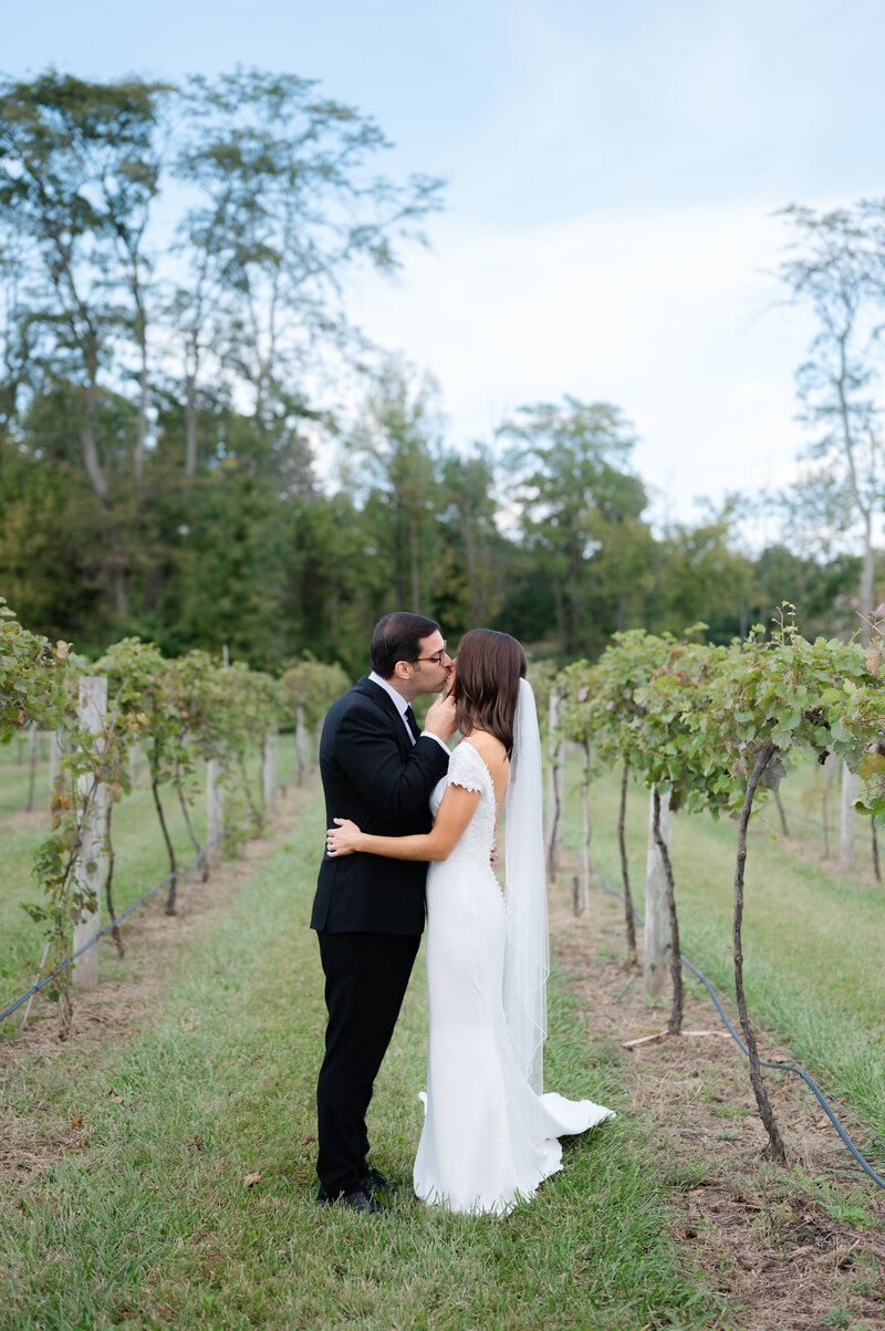 bride and groom kissing in wine vineyard