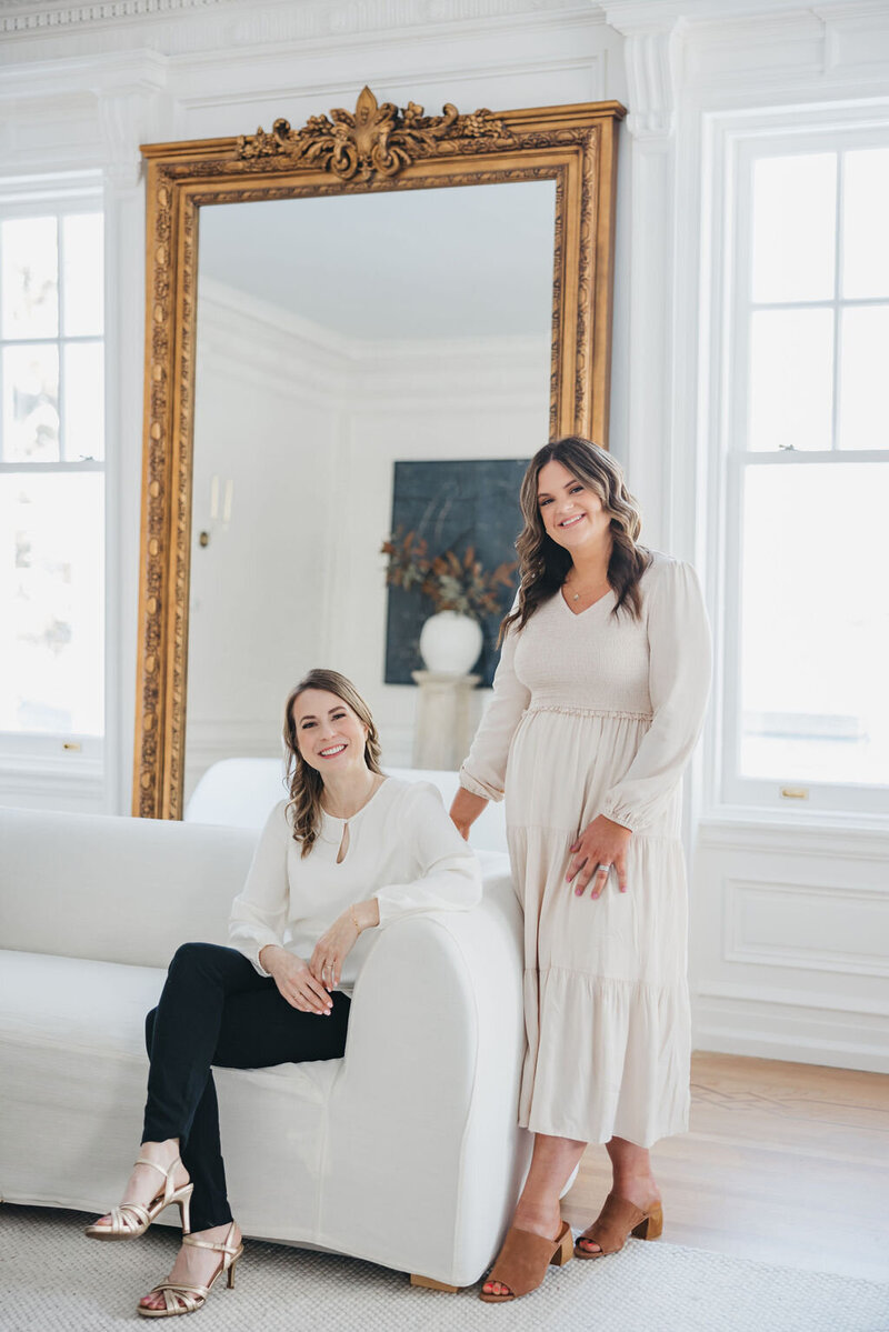 Co-founders of Heather Paperie smiling at the camera ready to design  custom wedding stationery for busy engaged couples