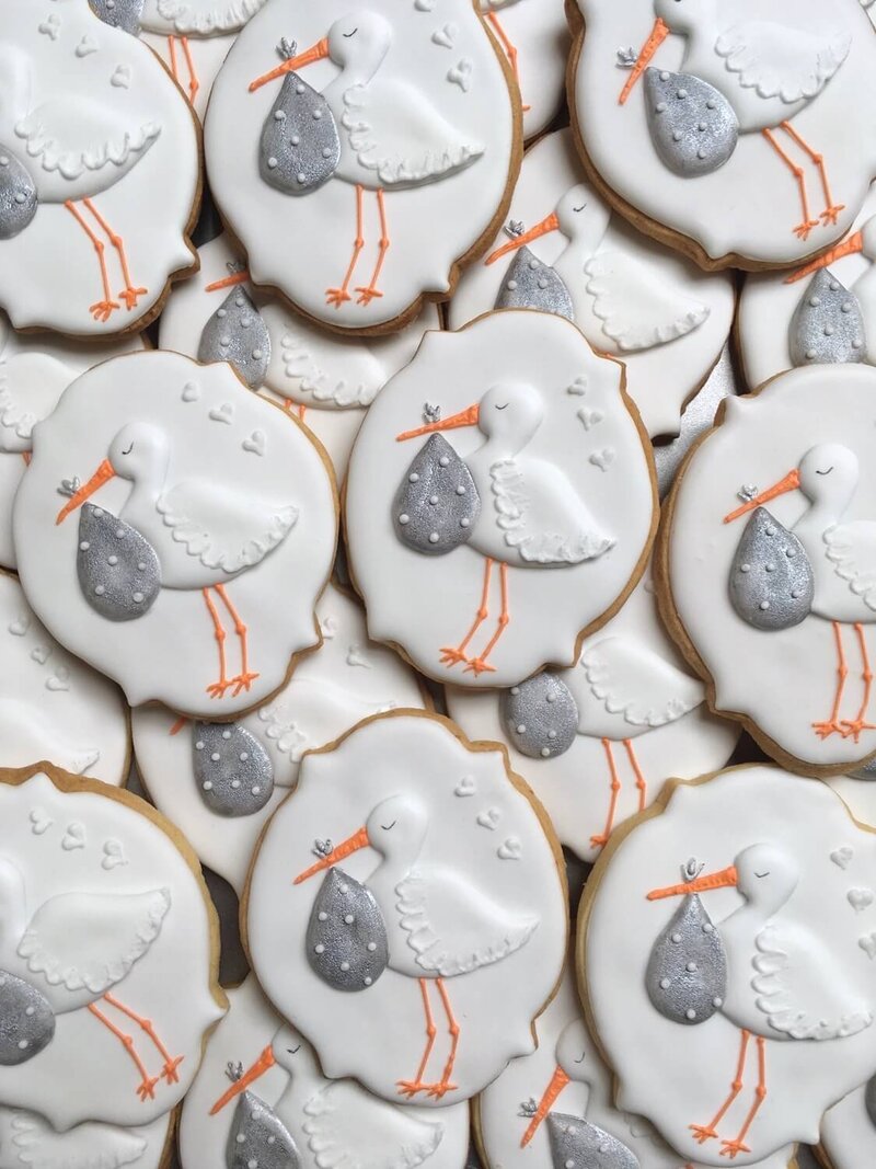 Hand painted biscuits with a design showing a stork carrying a package